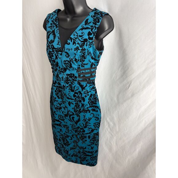 Enfocus Studio Midi Bodycon Cocktail Dress Size 4 Teal Black Floral Mesh Insert - Picture 4 of 9